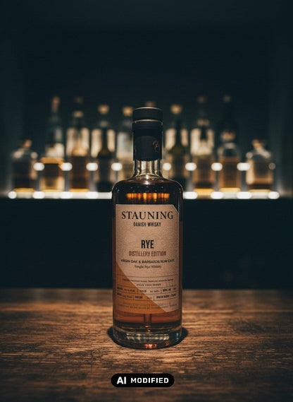 Whiskyquartier Stauning Rye Distillery Edition in Virgin Oak & Barbados Rum Cask, 0,35L, 53,5% Vol. auf Sand mit Strandhafer und Meer im Hintergrund.