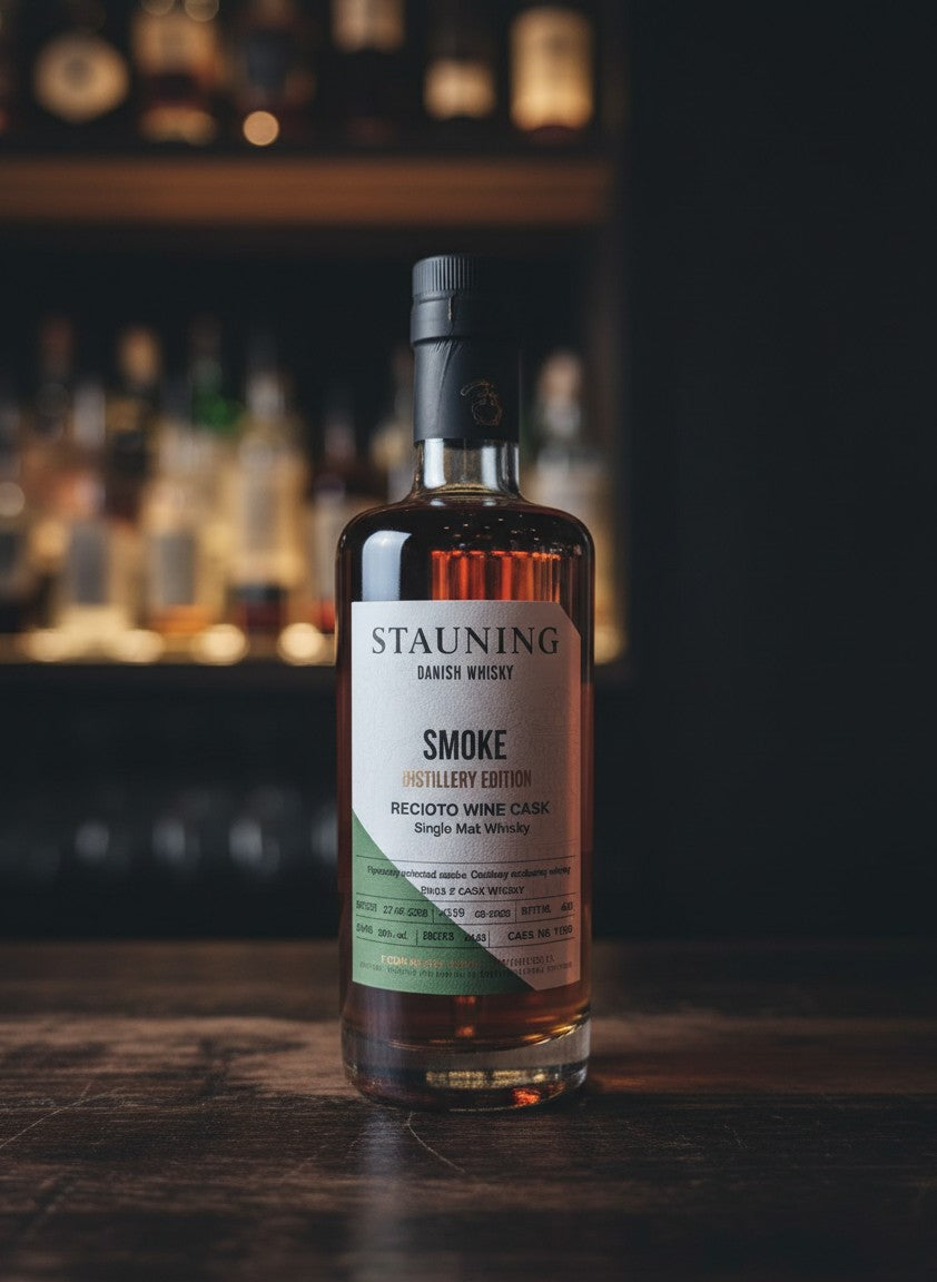 Whiskyquartier Stauning Smoke Recioto Wine Cask Distillery Edition Single Malt Whisky in 0,35L Flasche auf Sand mit Gräsern