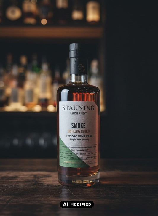 Whiskyquartier Stauning Smoke Recioto Wine Cask Distillery Edition Single Malt Whisky in 0,35L Flasche auf Sand mit Gräsern
