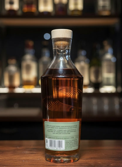 Whiskyquartier Stauning R00G Smoked Double Malt Danish Whisky bottle with amber liquid and wooden stopper.