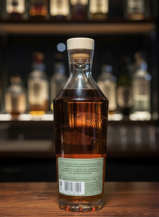 Whiskyquartier Stauning R00G Smoked Double Malt Danish Whisky bottle with amber liquid and wooden stopper.