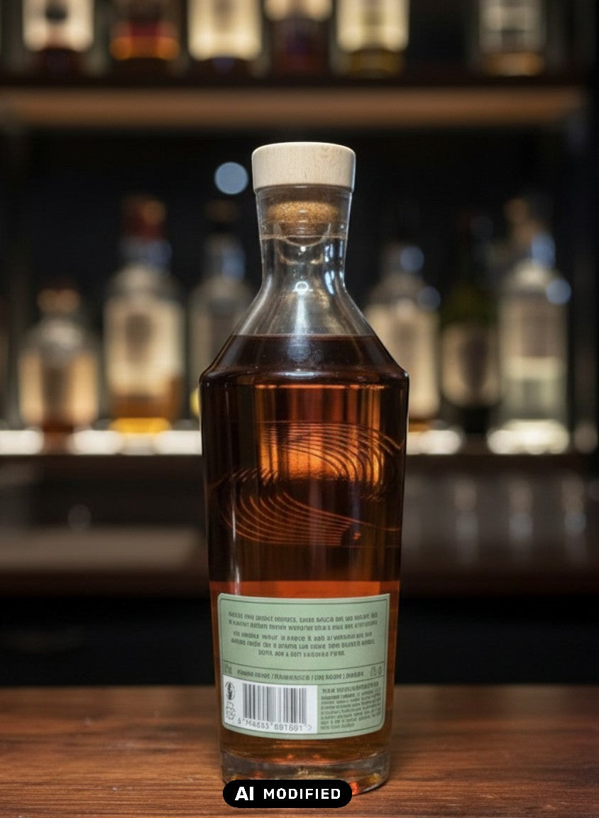 Whiskyquartier Stauning R00G Smoked Double Malt Danish Whisky bottle with amber liquid and wooden stopper.