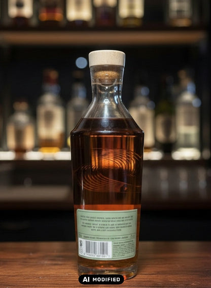 Whiskyquartier Stauning R00G Smoked Double Malt Danish Whisky bottle with amber liquid and wooden stopper.