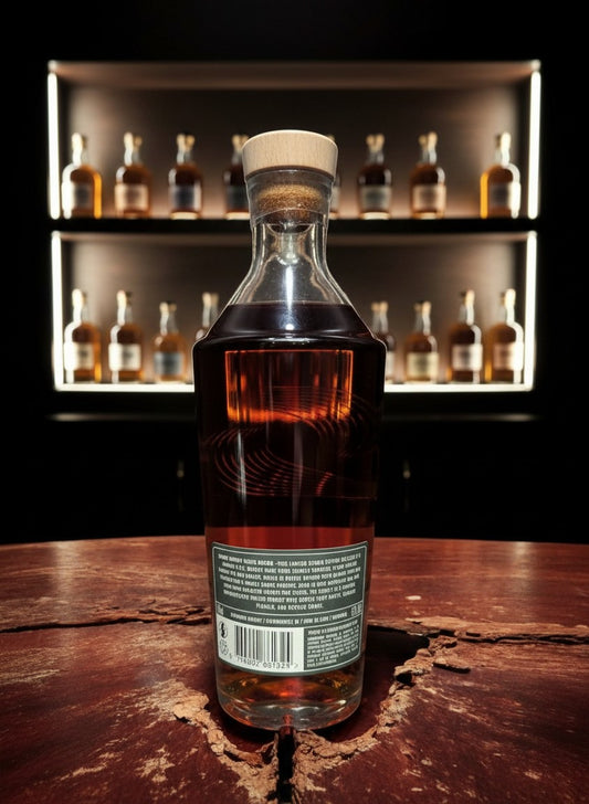 Whiskyquartier Stauning Smoked Rye Sherry Oak Whisky in Glasflasche mit Holzkorken, bernsteinfarben.