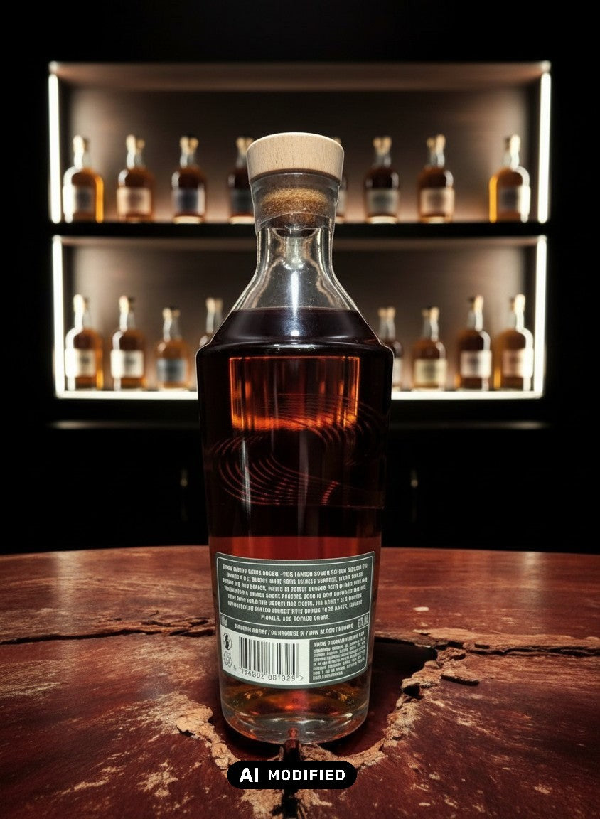 Whiskyquartier Stauning Smoked Rye Sherry Oak Whisky in Glasflasche mit Holzkorken, bernsteinfarben.