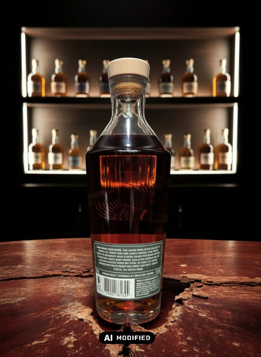 Whiskyquartier Stauning Smoked Rye Sherry Oak Whisky in Glasflasche mit Holzkorken, bernsteinfarben.