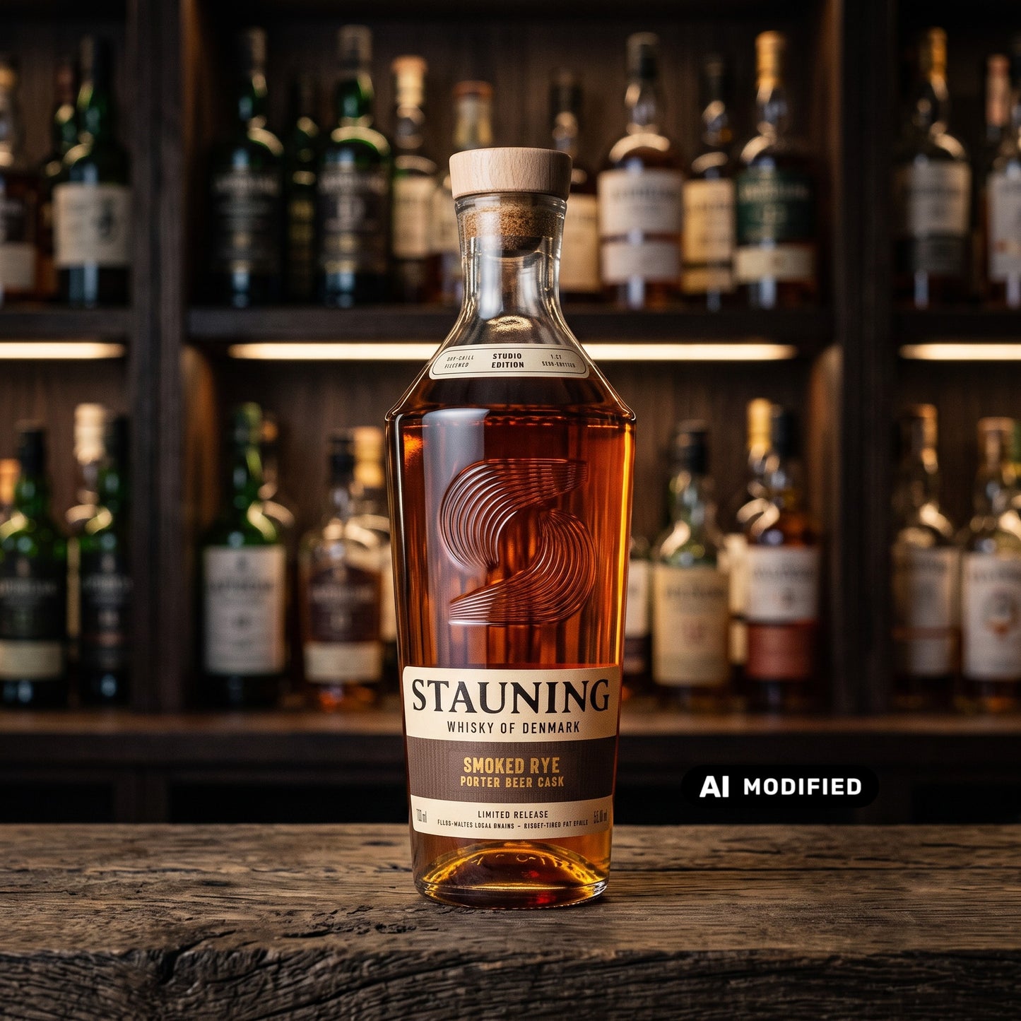 Whiskyquartier Stauning Smoked R.Y.E. Porter Beer Cask Whisky in einer bernsteinfarbenen Flasche auf einem Holztisch.
