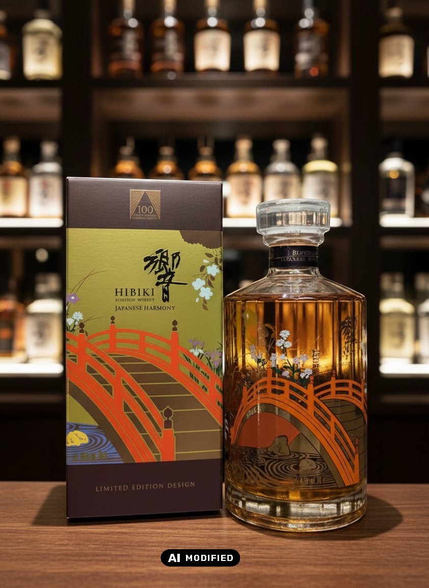 Whiskyquartier Suntory Hibiki Harmony 100th Anniversary Limited Edition japanischer Whisky in 0,7L Flasche mit passender Geschenkverpackung, Motiv Brücke und Kirschblüten.
