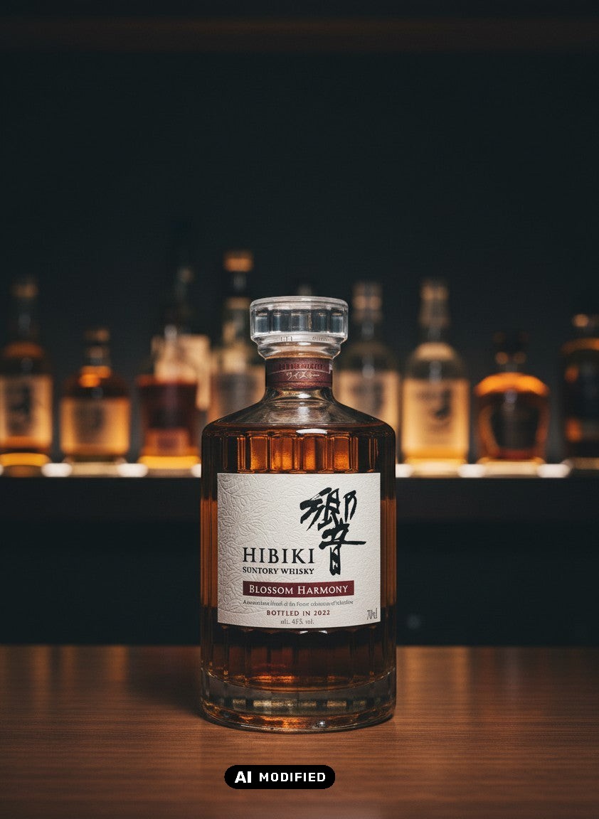Whiskyquartier Suntory Hibiki Blossom Harmony 2022 Flasche mit japanischer Kalligrafie und Kirschblüten-Motiv, 0,7L