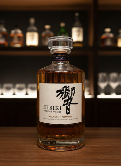 Suntory Hibiki Harmony japanischer Whisky in 0,7L Flasche mit 24 Facetten, goldfarben, auf Holztisch