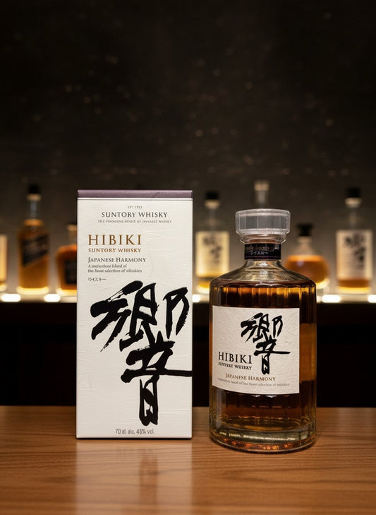Whiskyquartier Suntory Hibiki Japanese Harmony 0,7L Flasche und Karton mit japanischer Kalligrafie
