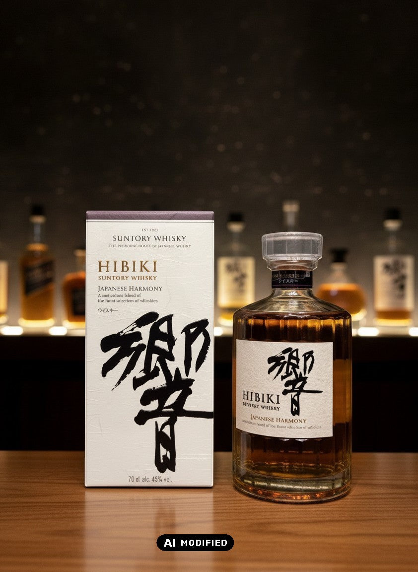 Whiskyquartier Suntory Hibiki Japanese Harmony 0,7L Flasche und Karton mit japanischer Kalligrafie