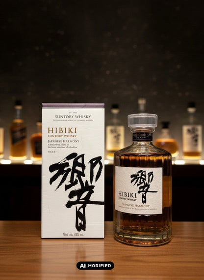Whiskyquartier Suntory Hibiki Japanese Harmony 0,7L Flasche und Karton mit japanischer Kalligrafie
