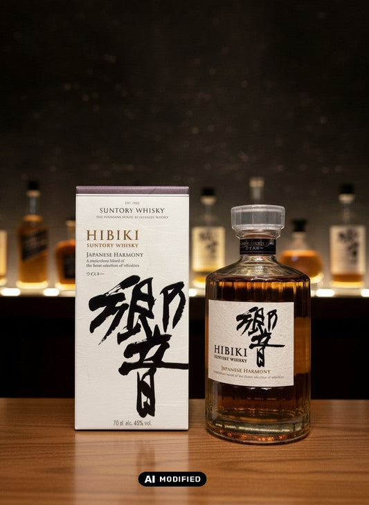 Whiskyquartier Suntory Hibiki Japanese Harmony 0,7L Flasche und Karton mit japanischer Kalligrafie