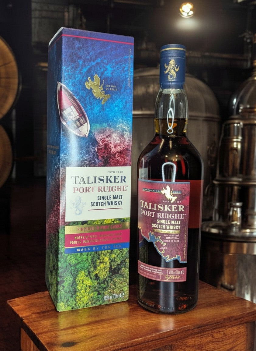 Whiskyquartier Talisker Port Ruighe Single Malt Scotch Whisky 0.7L, veredelt in Portweinfässern, mit maritimen Motiven auf der Verpackung.