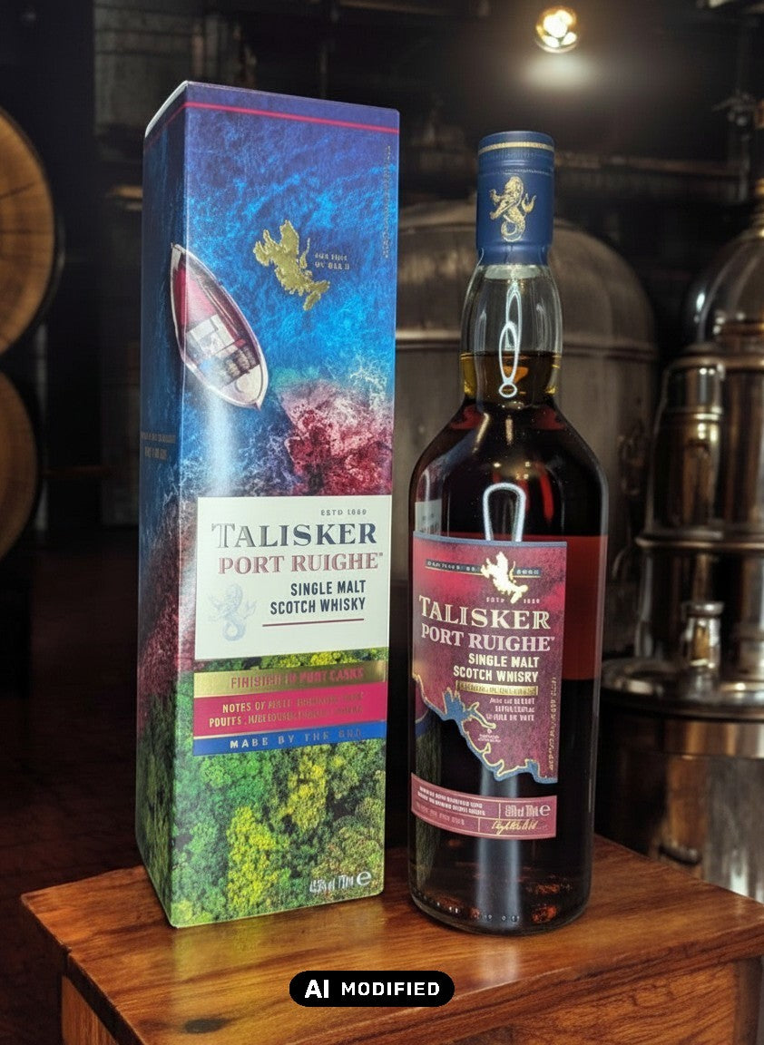 Whiskyquartier Talisker Port Ruighe Single Malt Scotch Whisky 0.7L, veredelt in Portweinfässern, mit maritimen Motiven auf der Verpackung.