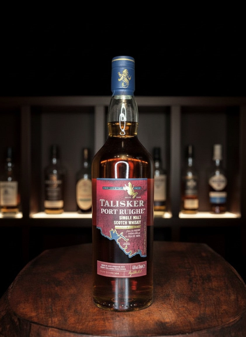 Talisker Port Ruighe Single Malt Scotch Whisky 0.7L mit Port Cask Finish, bernsteinfarben, auf Holztisch