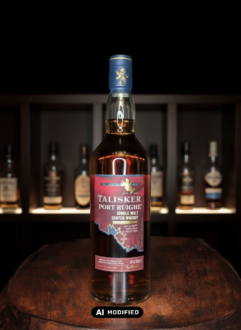 Talisker Port Ruighe Single Malt Scotch Whisky 0.7L mit Port Cask Finish, bernsteinfarben, auf Holztisch