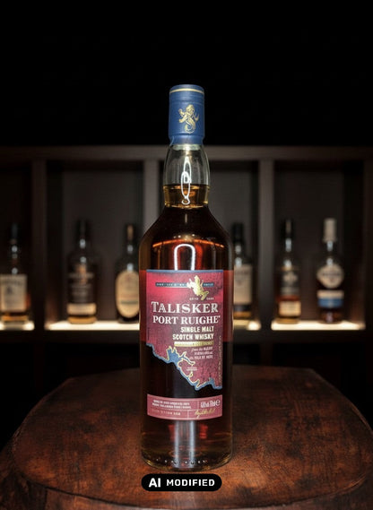 Talisker Port Ruighe Single Malt Scotch Whisky 0.7L mit Port Cask Finish, bernsteinfarben, auf Holztisch