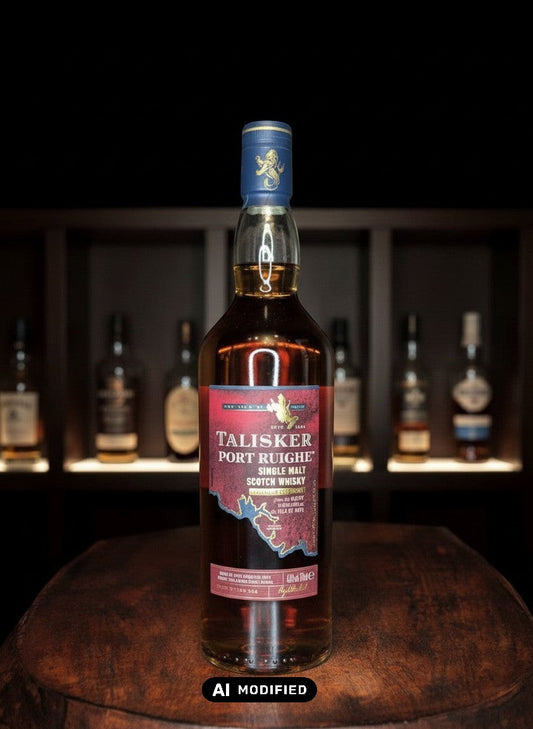 Talisker Port Ruighe Single Malt Scotch Whisky 0.7L mit Port Cask Finish, bernsteinfarben, auf Holztisch