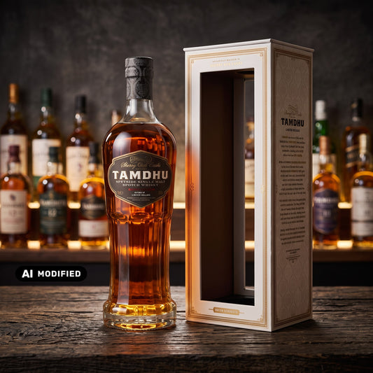 Whiskyquartier Tamdhu Cask Strength Batch 008 Single Malt Whisky in mahagonifarbener Flasche mit Geschenkverpackung.