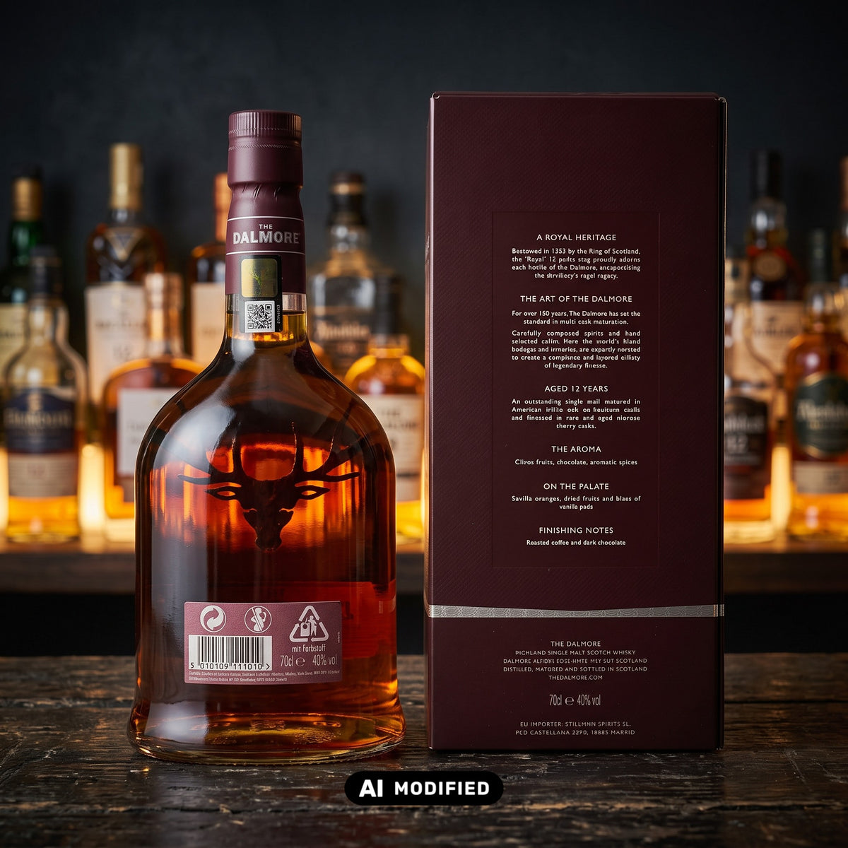 Whiskyquartier The Dalmore 12 Jahre Highland Single Malt Flasche mit Produktverpackung auf einem Holztisch