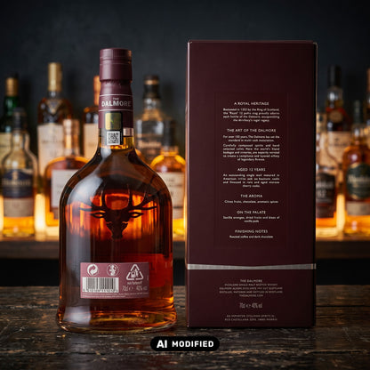 Whiskyquartier The Dalmore 12 Jahre Highland Single Malt Flasche mit Produktverpackung auf einem Holztisch