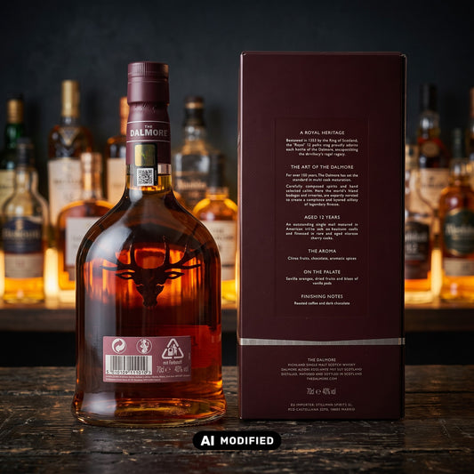 Whiskyquartier The Dalmore 12 Jahre Highland Single Malt Flasche mit Produktverpackung auf einem Holztisch