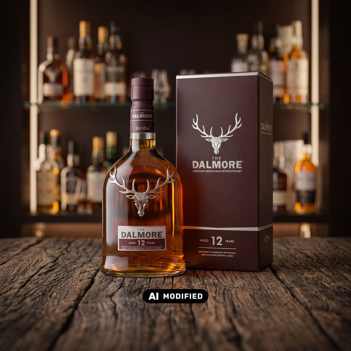 Whiskyquartier The Dalmore 12 Jahre Highland Single Malt Flasche mit Geschenkverpackung auf rustikalem Holztisch