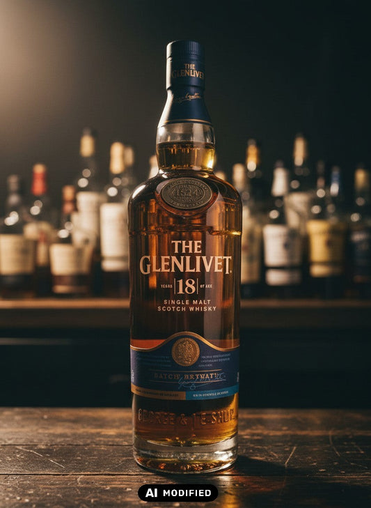 The Glenlivet 18 Years Batch Reserve Single Malt Scotch Whisky in einer Flasche, umgeben von Whiskyfässern.