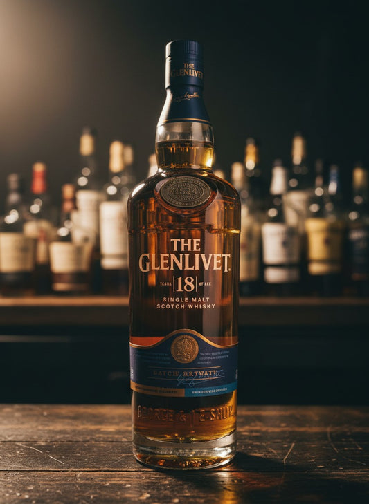 The Glenlivet 18 Years Batch Reserve Single Malt Scotch Whisky in einer Flasche, umgeben von Whiskyfässern.