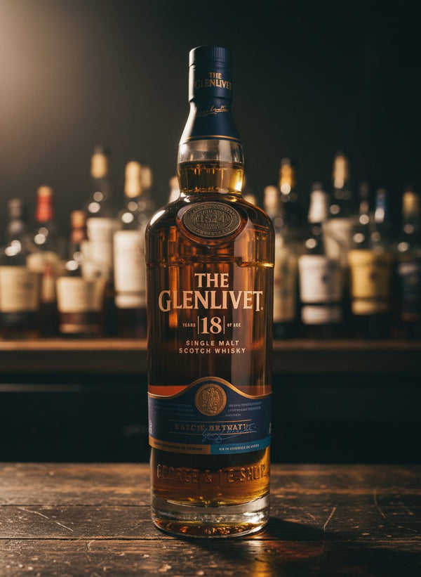 The Glenlivet 18 Years Batch Reserve Single Malt Scotch Whisky in einer Flasche, umgeben von Whiskyfässern.
