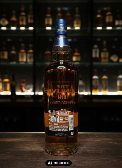 The Glenlivet 18 Years Batch Reserve, ein eleganter Speyside Single Malt Whisky in einer 0,7L Flasche mit bernsteinfarbener Flüssigkeit.
