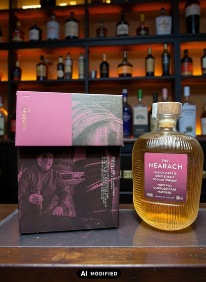 The Hearach Oloroso Sherry Release Single Malt Scotch Whisky 0.7L in einer gerippten Flasche mit rosa Etikett. Neben der Flasche liegt die passende Geschenkbox.