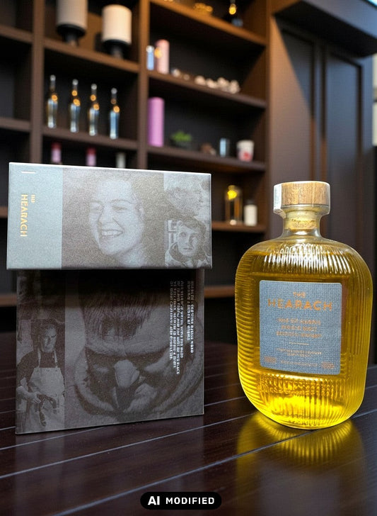 The Hearach Single Malt Whisky in einer gerippten Glasflasche mit Holzkorken, daneben die passende Geschenkverpackung mit Porträts.