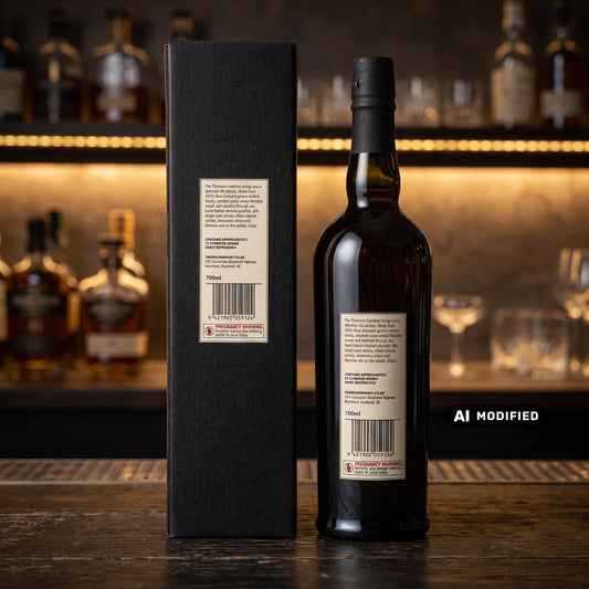 Whiskyquartier Thomson Manuka Smoke Single Malt Whisky Flasche und schwarze Geschenkverpackung auf einer Bar