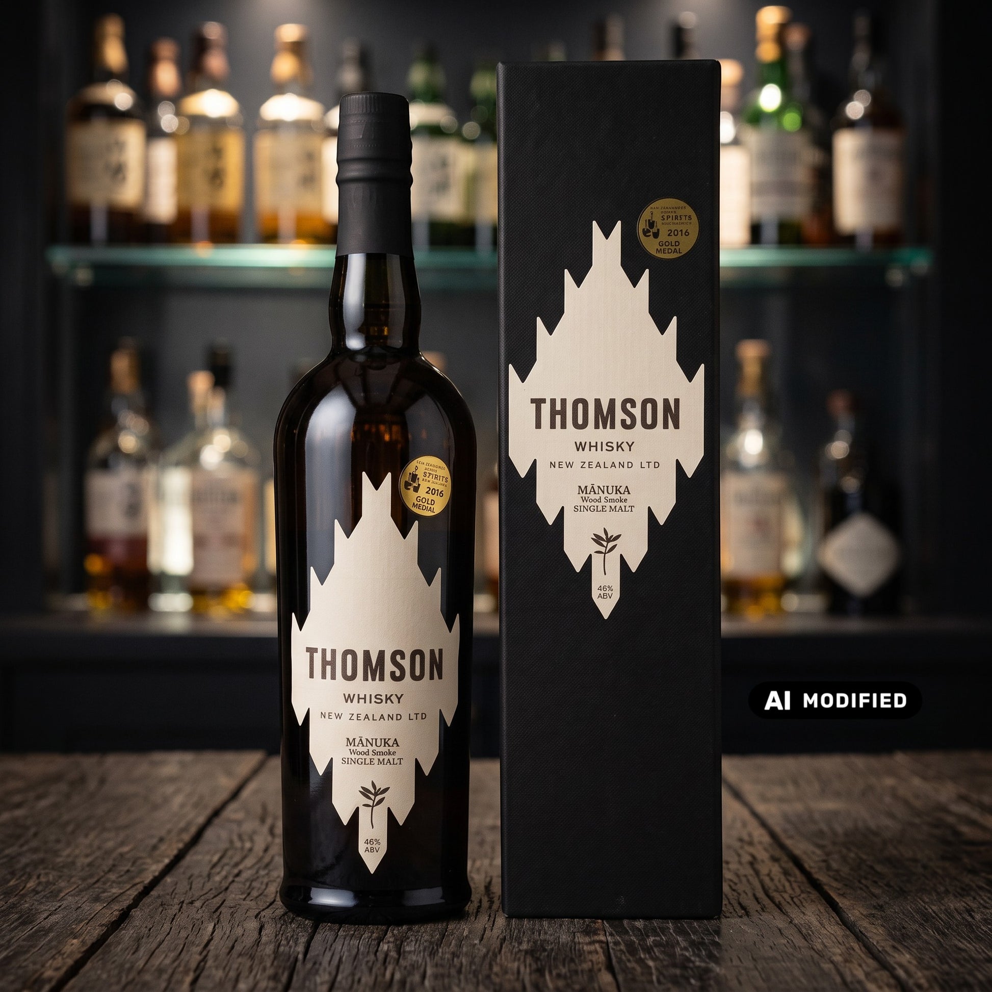 Whiskyquartier Thomson Manuka Smoke Single Malt Whisky Flasche mit schwarzer Geschenkverpackung auf Holztisch