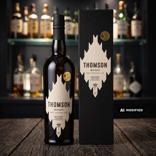 Whiskyquartier Thomson Manuka Smoke Single Malt Whisky Flasche mit schwarzer Geschenkverpackung auf Holztisch