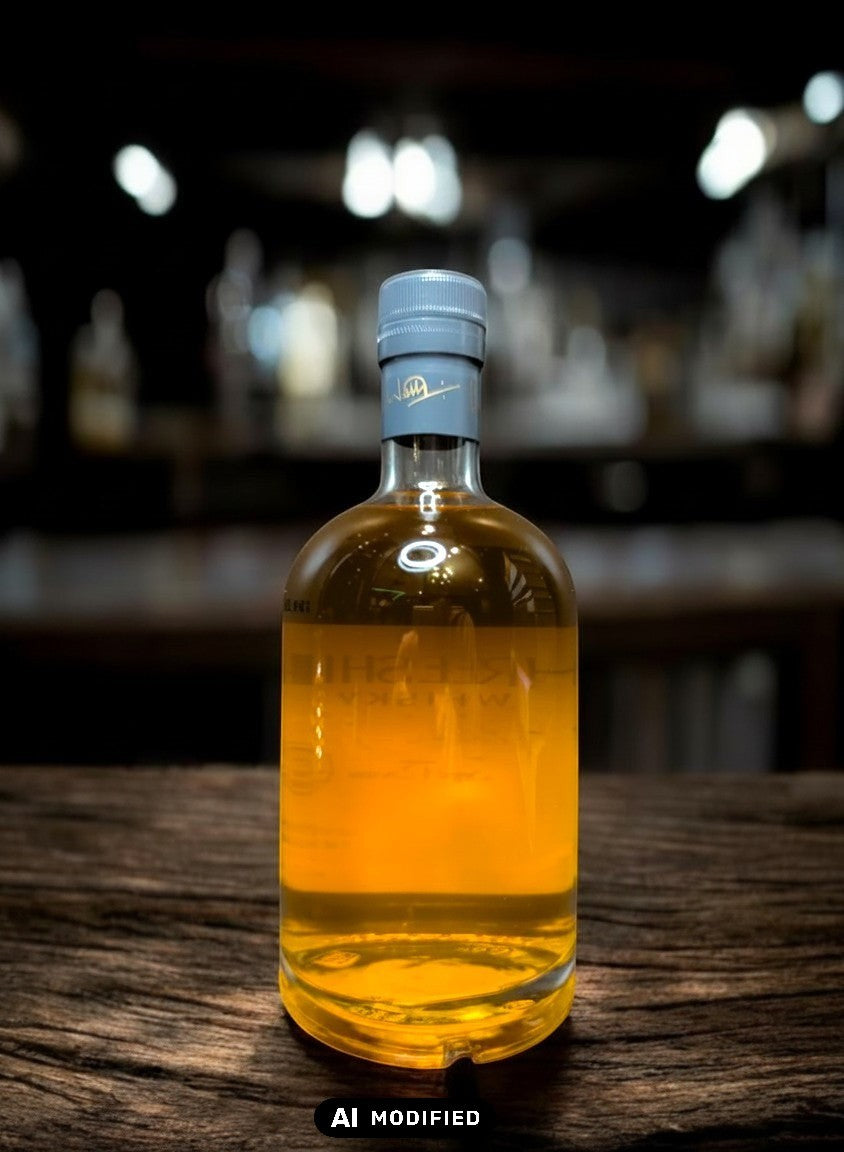 Whiskyquartier: Three Ships 12 YO Master Distiller Collection Single Malt Whisky in bernsteinfarbener Flüssigkeit in Glasflasche mit grauem Verschluss.