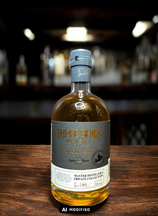 Three Ships 12 YO Master Distiller's Collection Single Malt Whisky in bernsteinfarbener Flüssigkeit mit kupfernen Reflexen.