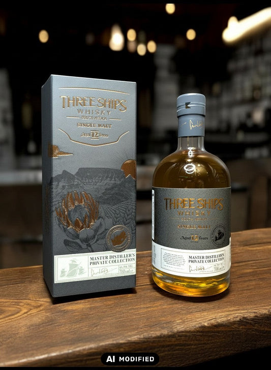 Three Ships 12 YO Master Distiller's Collection Single Malt Whisky in bernsteinfarbener Flüssigkeit mit kupfernen Reflexen, 0,7L Flasche und passender Geschenkbox.