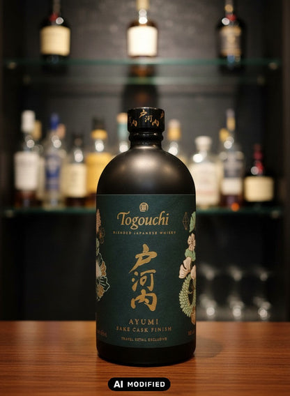 Whiskyquartier Togouchi Ayumi Sake Cask Finish japanischer Whisky 0,7L in dunkler Flasche mit türkisfarbenem Etikett und goldenen Schriftzeichen.