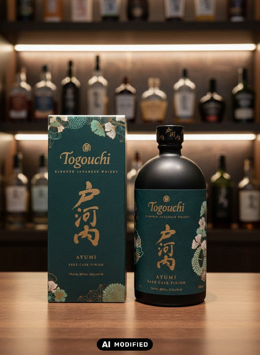 Togouchi Ayumi Sake Cask Finish Blended Japanese Whisky 0.7L Flasche und Karton mit floralem Design