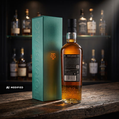 Whiskyquartier Torabhaig Sound of Sleat Batch Strength Whiskyflasche mit grüner Geschenkverpackung auf Holztisch