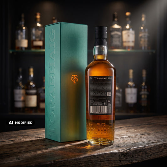 Whiskyquartier Torabhaig Sound of Sleat Batch Strength Whiskyflasche mit grüner Geschenkverpackung auf Holztisch
