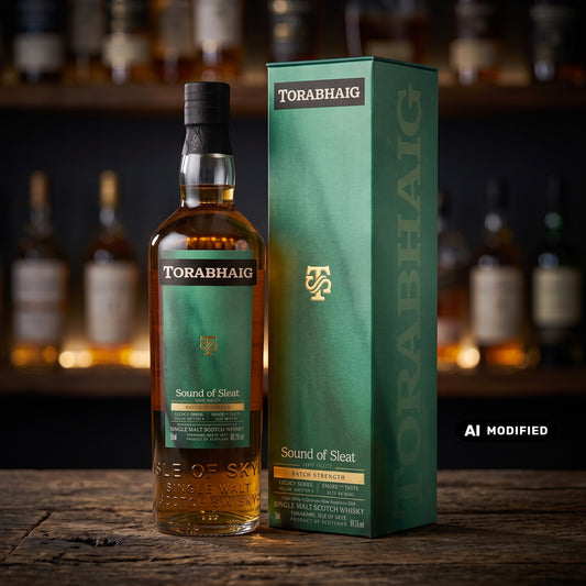 Whiskyquartier Torabhaig Sound of Sleat Batch Strength Single Malt Whisky mit Geschenkverpackung auf Holztisch