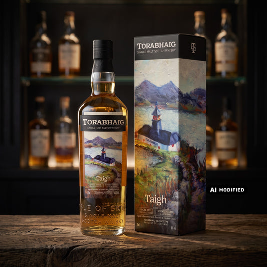 Whiskyquartier Torabhaig Taigh Single Malt Scotch Whisky mit Geschenkverpackung auf einem rustikalen Holztisch