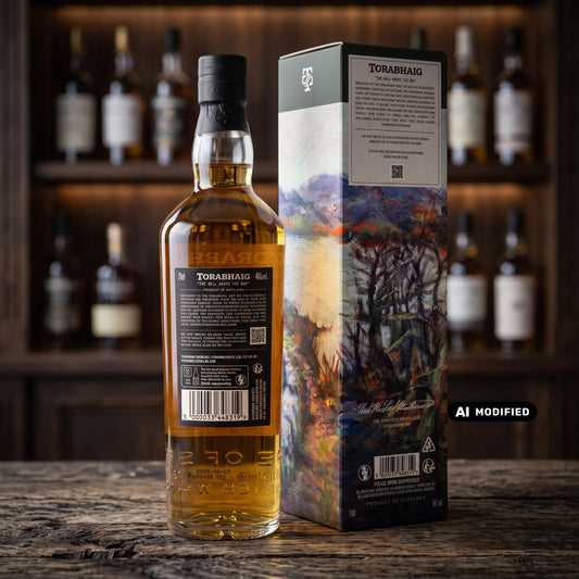 Whiskyquartier Torabhaig Taigh Single Malt Whisky Flasche mit künstlerischer Geschenkverpackung vor Whiskyregal