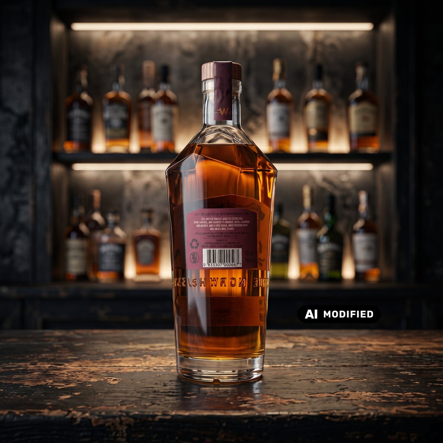 Whiskyquartier Westward Single Malt Pinot Noir Finish Whiskey Flasche von hinten auf einem dunklen Tresen