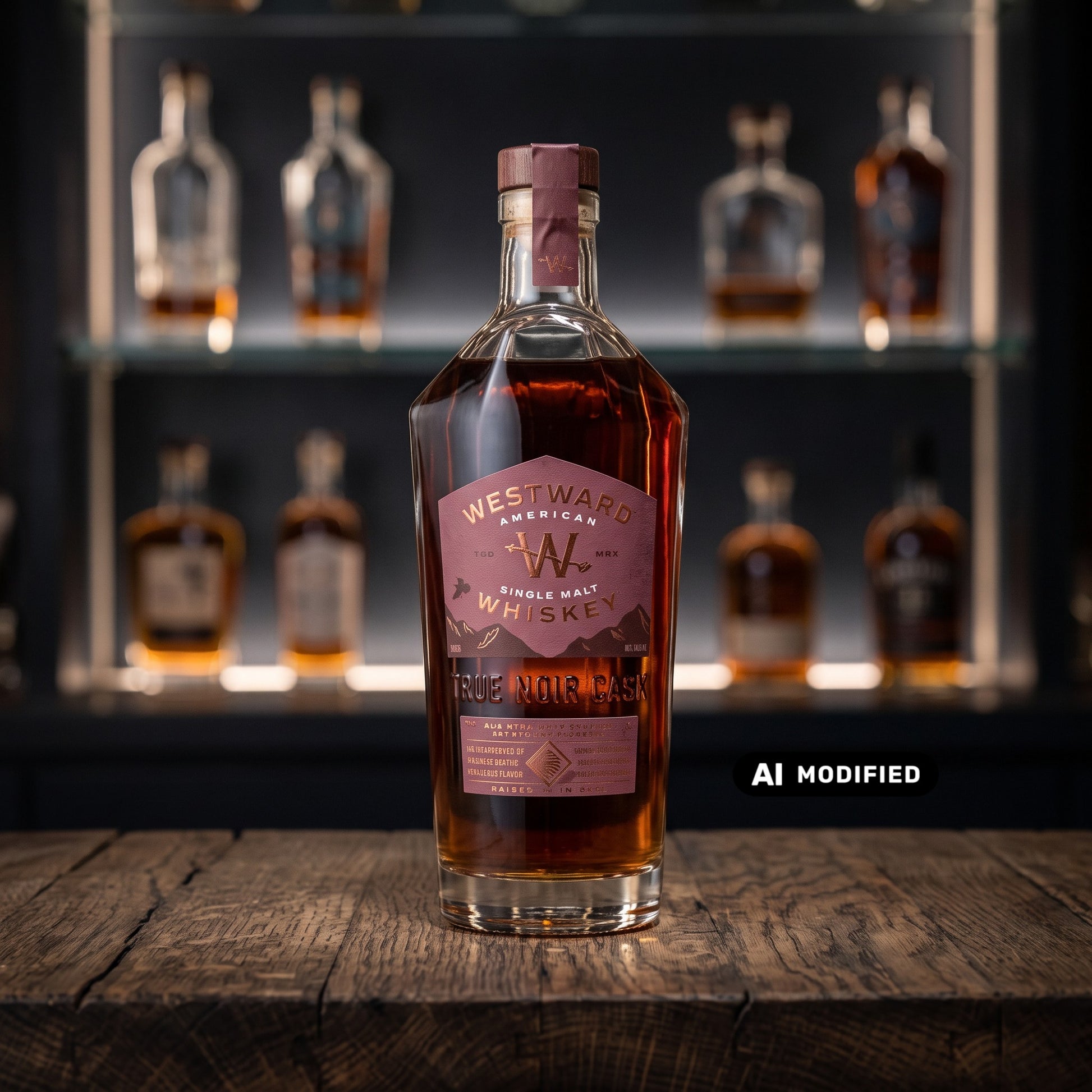 Whiskyquartier Westward Single Malt Whiskey mit Pinot Noir Finish in einer eleganten Glasflasche auf einem Holztisch